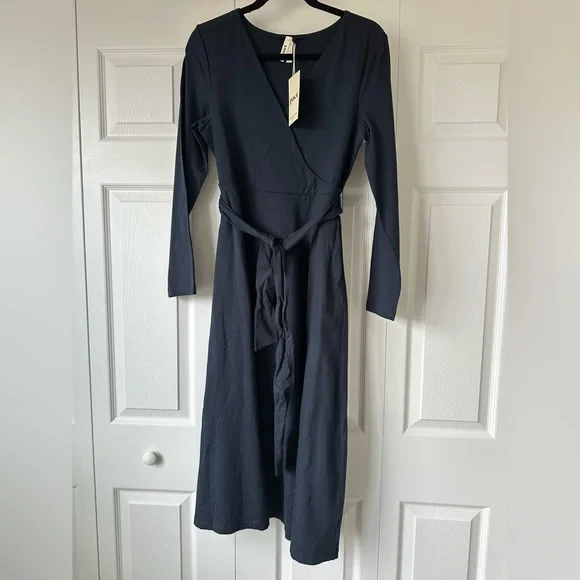 PACT Fit & Flare Wrap Midi Dress Blue Organic Cotton Long Sleeve Tie Waist Large - Picture 3 of 8